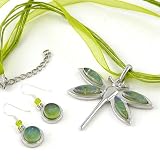 Dichroic Glass and Rhodium-Plated Pewter Dragonfly Pendant / Earring Set, Olive Green, Silk Ribbon Necklace