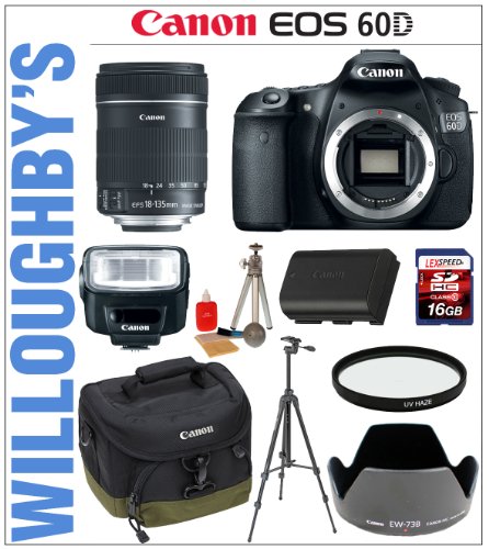 Canon EOS 60D 18 MP CMOS Digital SLR Body with Canon EF-S 18-135mm f/3.5-5.6 IS Lens + Canon Deluxe Gadget Bag + Canon EW-73B Lens Hood + Canon Speedlite 270EX II Flash + Canon LPE6 Spare Battery + 67mm Essential Pro DHD UV Filter + 16GB SDHC Class 10 Memory Card + Sunpak 6600DX Digital Tripod &amp; Much More! Willoughby's Est. 1898 Photographic Specialty Flash Bundle