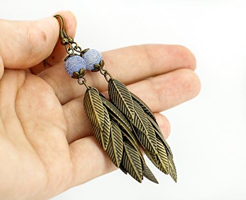 Fashion Handmade Long Rock Style Earrings with Sky Blue Frosted Natural Agate Beads and Brass color Leaf Pendants Luxury Gift for Women Unique Exlusive Boho Tribal earrings Bridesmaid Birthday gift