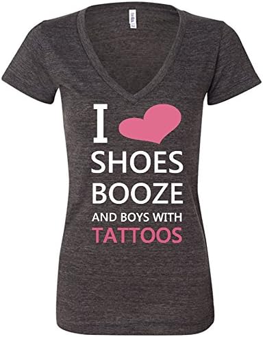 She Said Tees Women's "I Love Shoes, Booze And Boys With Tattoos" Fitted V-Neck Tee XL Dark Gray