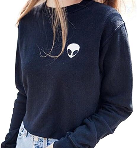 Cashsun Womens Slouchy ET Alien Pattern Raglan Pullover Sweatshirt Top, Black S