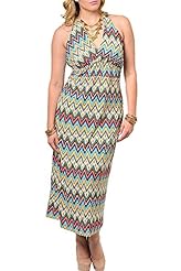 Plus Size Open-Back Polyester Halter Chevron Print Maxi Dress 