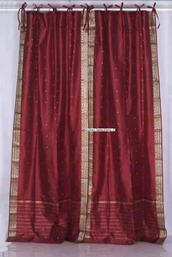 Tie Top Maroon Silk Sari fabric Drapes, Panels, Curtains Curtain Length: 96 Inches