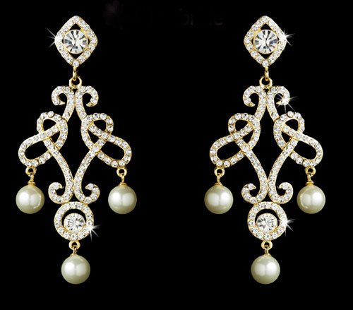 Wedding Jewelry, Gold & Pearl Chandelier Earrings 535G