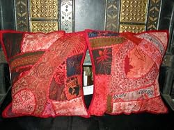 2 Red Gujrati Embroidered Sari Toss Pillow Cushion Covers