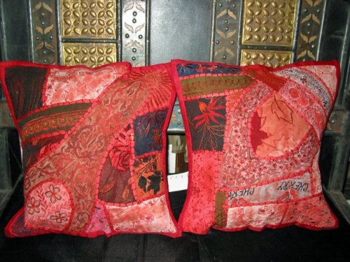 2 Red Gujrati Embroidered Sari Toss Pillow Cushion Covers