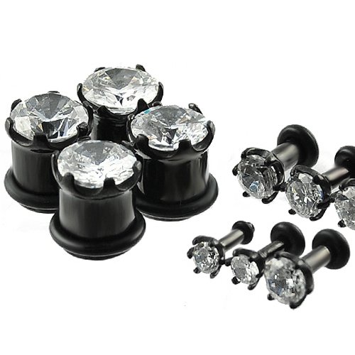 Wholesale 30 Pieces of Stainless Steel Black PVD Plug with CZ Stone Bulk Package of Assorted Sizes