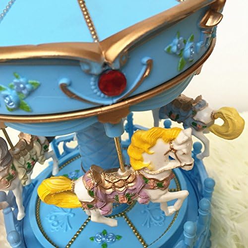 POP BABY Laxury Carousel Music Box,4-Horses Rotate and Automatic Lifting,Large Crown Design,Blue((Included Batteries)