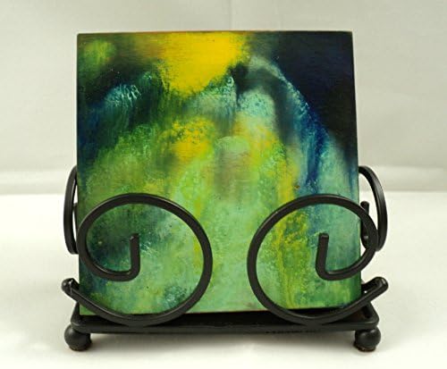 Set of 4 Brightly Colored Abstract Wooden Coaster Set with Coaster Holder
