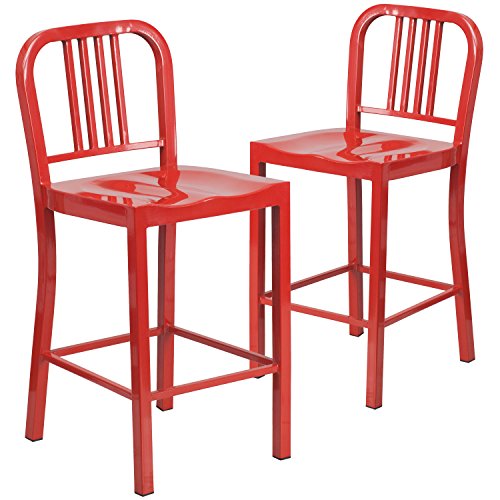 2 Pk. 24'' High Red Metal Indoor-Outdoor Counter Height Stool