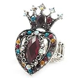 Burn Silver Multicloured Diamante Crown & Heart Stretch Ring