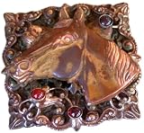 Earth Patina Solid Brass Equestrian Motif Horse Head on Filigree Brooch Pin - Carnelian, Garnet, Jasper