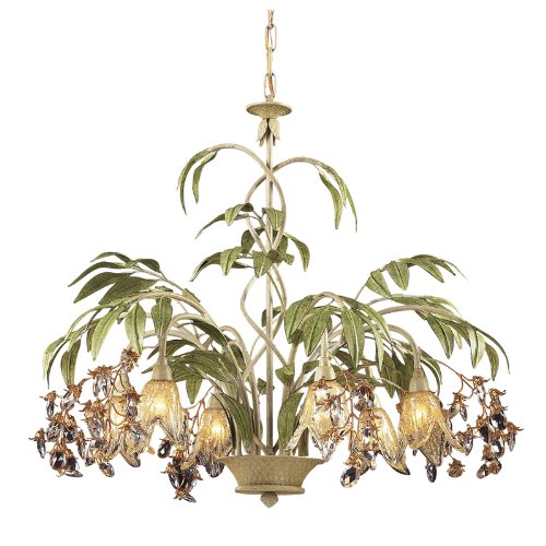 Best Buy ELK Lighting 86053 Huarco 6 Light Tropical Chandelier Fixture, Seashell Cream, Amber Glass With Clear Crystal Droplets, B12338