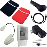 Amazon Kindle 2 eBook Reader / Electronic Reading Device Accessory Bundle Combo: Reversible Black / Red Neoprene Sleeve Case, USB Data Cable, Car Charger, Wall / Travel Charger, eBook Reader Light, Premium Earphones, and a Screen Guard / Protector with Lint Cleaning Cloth