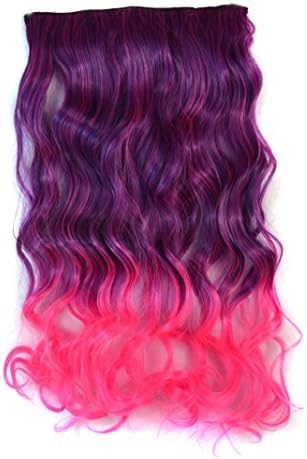 Stepupgirl Hair Extension, 22 Inch Dark Purple to Pink Ombre Color Curly Full Head Synthetic Clip in Wig