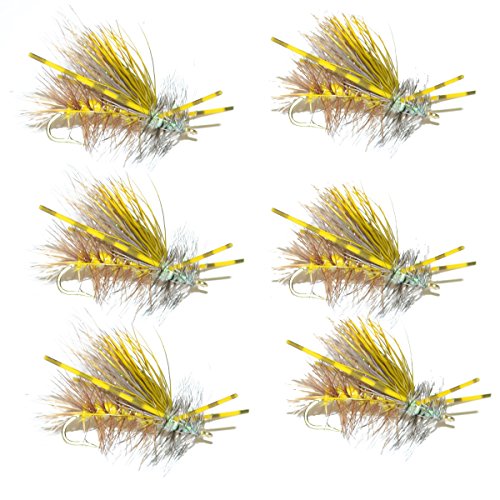 The Fly Fishing Place Yellow Crystal Stimulator Barred Rubber Legs Trout Dry Fly 6 Flies Size 8