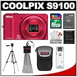 Nikon Coolpix S9100 12.1 MP Digital Camera (Red) with 16GB Card + Battery + ....