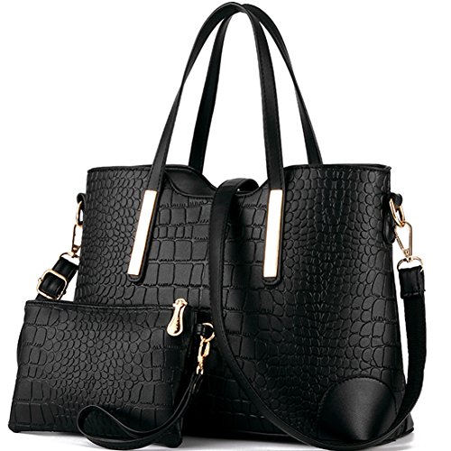 Vincico174; Women Shoulder Bag 2 Piece Tote Bag Pu Leather Handbag Purse Bags Set (Black)