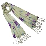 100% Pashmina/Cashmere Purple and Blue Watercolor Flowers Tassel Ends Long Scarf Shawl
