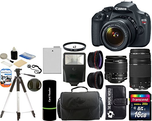 Canon EOS Rebel T5 Digital Camera SLR Kit With Canon EF-S 18-55mm IS II + 16 GB Super Kit -- Includes: Canon 75-300mm III Lens + Wide Angle Lens (58mm) + Telephoto Lens (58mm) + Large Camera Lens Case+ Transcend 16 GB Class 10 SDHC Card + Card Reader