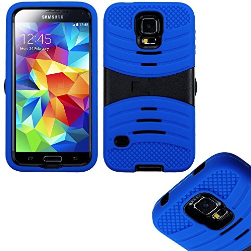 myLife Deep Denim Blue and Ninja Black - Shockproof Survivor Series (Built in Kickstand + Easy Grip Ridges) 2 Piece + 2 Layer Case for NEW Galaxy S5 (5g) Smartphone By Samsung (Internal Flex Silicone Bumper Gel + Internal 2 Piece Rubberized Fitted Armor Protector + Shock Absorbing Material)