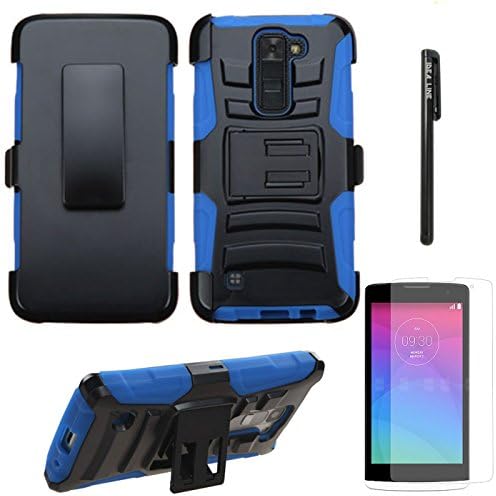 LG K8 Case,IDEA LINE INC(TM)Heavy Duty Armor Shock Proof Dual Layer Holster Locking Belt Swivel Clip with Kick Stand + Stylus Pen + Premium Screen Protector(Blue/Black)