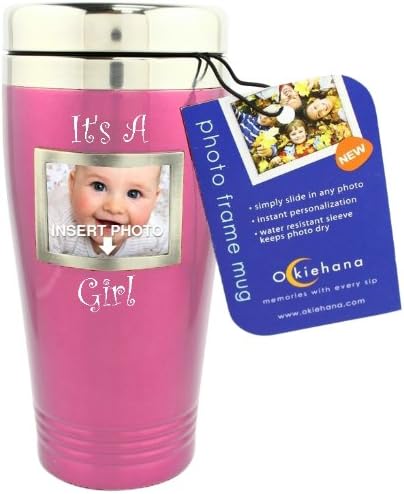 Okiehana Baby Stainless Steel Travel Mug with Photo Frame, "It's a Girl", 16-Ounce, Pink