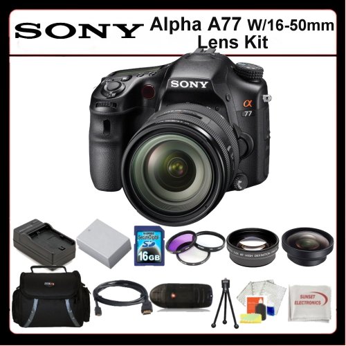 Sony Alpha A77 w/16-50mm Lens Kit Includes: Sony Alpha A77 Digital Camera with 16-50mm Lens, 2x Telephoto Lens, 0.45x Wide Angle Lens, 16GB SDHC Memory Card, Memory Card Reader, 3 Piece Filter Kit (UV-CPL-FLD), Extended Life Battery, Rapid Travel Charger, HDMI Cable, LCD Screen Protectors, Table Top Tripod SSE Microfiber Cleaning Cloth and Soft Carrying Case