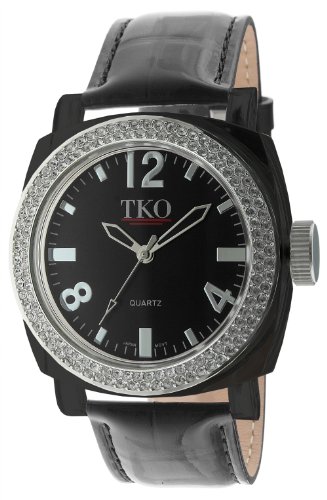 TKO ORLOGI Women's TK550-BK Milano Ice Swarovski Crystal Accented Black Plastic Case and Leather Strap Watch