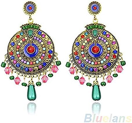 Women Tibetan Boho Handmade Round Colorful Faux Pearls Drop Dangle Earrings