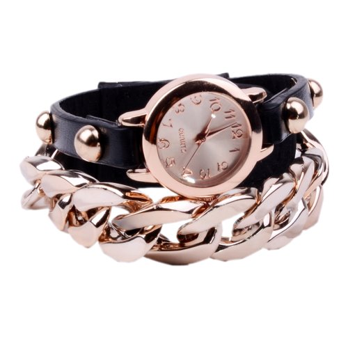 FINEJO Women Punk Gold Plated Multicolor Wristwatch Black [Apparel]