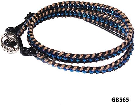 Men Double Wrap Leather Bracelet Shiny Blue Bead Gb565