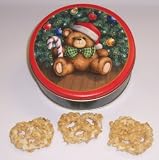 Scott's Cakes White Chocolate Covered Pretzel with Peanuts in a Mini Teddy Bear Tin