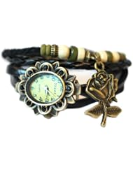 Black Leather CZ Antique Gold Bronze Rose with Wood Beads Bohemian Bracelet wrist watch 7" to 8 1/4"