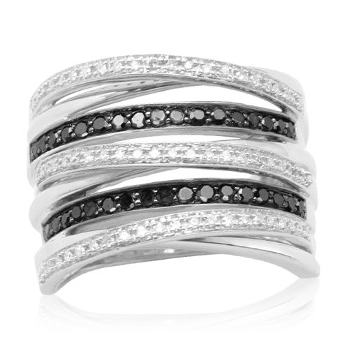 10k White Gold Black and White Diamond Stack Ring (1/2 cttw, I-J Color, I3 Clarity), Size 7