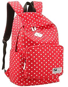 UZZO Cute Polka DOT Lightweight Canvas Teenagers School Bag Casual Hiking Daypack Travel Backpack for College Bookbag for Women Girls (Polka dot: Red)