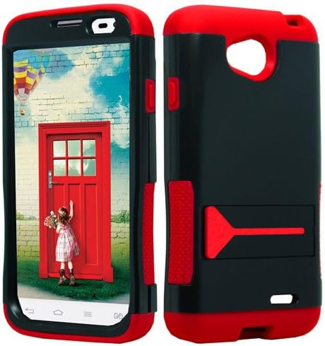 LG Optimus L70 D321 MS323 Exceed 2 VS450 W7 Hybrid Fusion Card Wallet Stand Protector Cover - Black/ Red Infuse