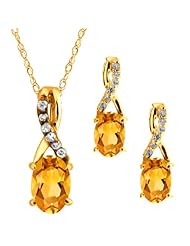 1.31 Ct Oval Citrine Gold Plated Silver Pendant Earrings Set