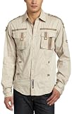 Southpole Men’s Utility Striped Button Down Shirt, Stone, Medium
