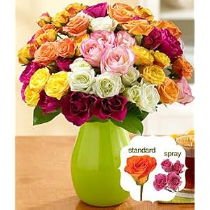 Roses – 50 Blooms of Assorted Garden Spray Rose Flowers with Vase