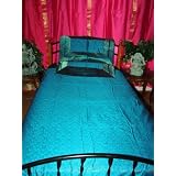 3p Blue Floral Silk Sari Indian Bedding Bedspread Coverlet-twin