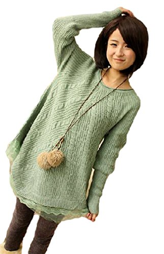 2015春 キュート ガーリー ふんわり 裾シフォン レース ケーブル編 薄手 スプリングニット チュニック グリーン ピンク イエロー ホワイト ブラック Free