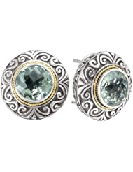 18K Yellow Gold and Sterling Silver 10 MM Green Amethyst Earrings