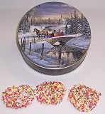Scott's Cakes White Chocolate Covered Pretzel with Rainbow Jimmies in a Mini Sleigh Ride Tin