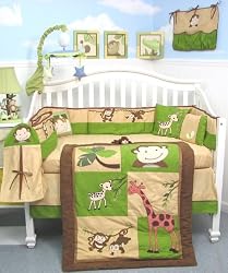 SoHo Monkey Savannah Baby Crib Nursery Bedding Set 13 pcs included Diaper Bag with Changing Pad & Bottle Case