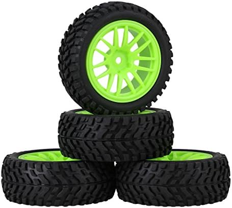 Mxfans RC 1:10 Green Plastic 14-Spoke Wheel Rims &amp; Black Beard Pattern Rubber Tires for On Road Racing Car Pack of 4