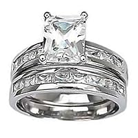 Bling Jewelry 2.5 ct Emerald-Cut Solitaire CZ Engagement Wedding Ring Set w/ Baguette Sz-5