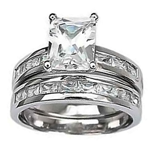 Bling Jewelry 2.5 ct Emerald-Cut Solitaire CZ Engagement Wedding Ring Set w/ Baguette