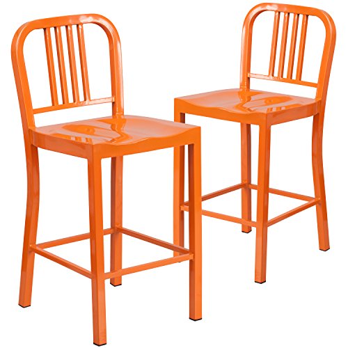 2 Pk. 24'' High Orange Metal Indoor-Outdoor Counter Height Stool