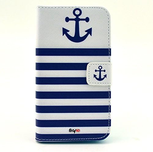 Bayke Brand / Galaxy Core 2 Case , Nautical Anchor Stripes Pattern - Elegant Fashion Print Style PU Leather Wallet Type Flip Folio Design Protective Skin Cover with Credit Card Holder Slots Case for Samsung Galaxy Core II (SM-G355H / Galaxy Core 2 Dual Sim / G3556D / G3559 / Duos / G3558) Case